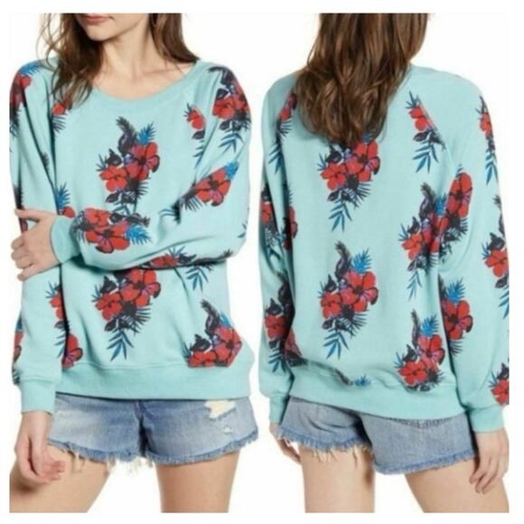 Wildfox Hibiscus Dreams Sweatshirt Pullover Tropical Hawaiian Floral Blue XS - Picture 9 of 9